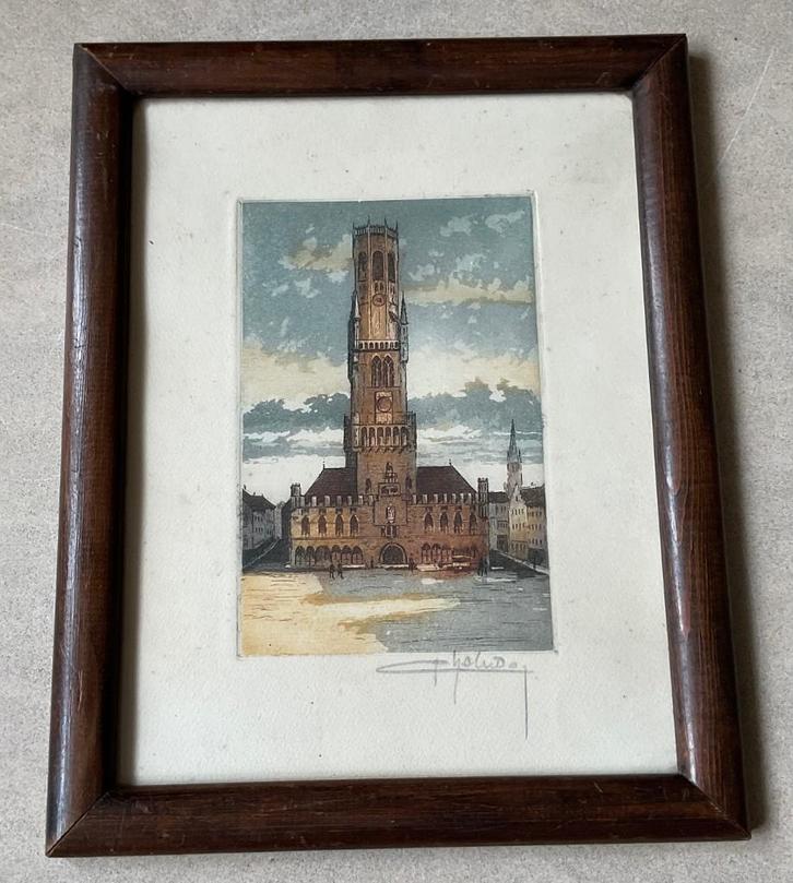 Kleurenets Jean Joseph Chabridon(1894-1945)Belfort Brugge., Antiek en Kunst, Kunst | Etsen en Gravures, Verzenden