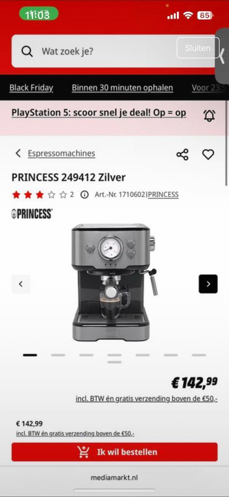 Princess espressomachine zilver ,, Witgoed en Apparatuur, Koffiezetapparaten, Zo goed als nieuw, Gemalen koffie, Espresso apparaat