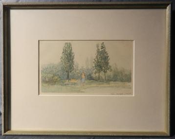 Aquarel Oeverandschap met figuren Toon van Odijk 1976 12x21 beschikbaar voor biedingen