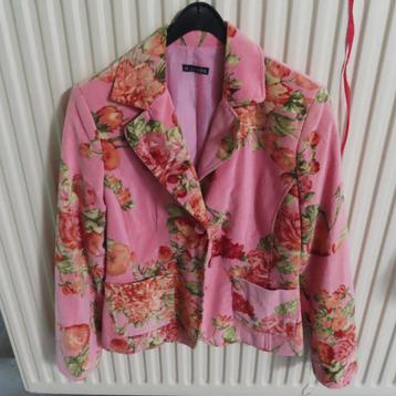 Prachtig fluwelen jasje vintage roze met bloemen maat 40 beschikbaar voor biedingen