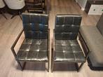 Zwarte leren stoelen met armleuning (4 stuks), Huis en Inrichting, Stoelen, Gebruikt, Twee, Zwart, Ophalen of Verzenden