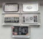 Vijf 1 oz zilverbaartjes inclusief casettes., Postzegels en Munten, Edelmetalen en Baren, Ophalen of Verzenden, Zilver