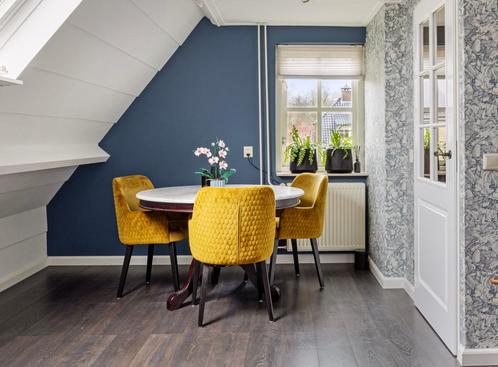 Set Oker gele eetkamerstoelen, Huis en Inrichting, Stoelen, Zo goed als nieuw, Drie, Stof, Overige kleuren, Ophalen