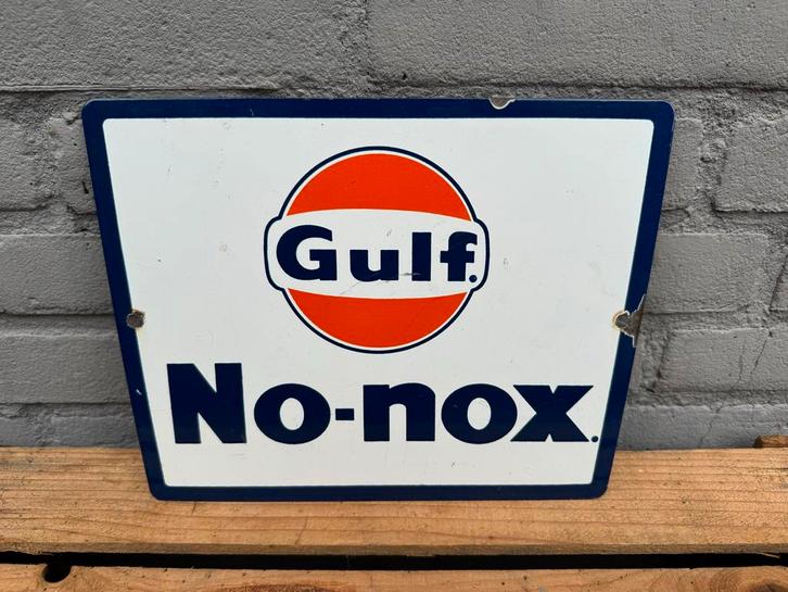Vintage Gulf No-Nox emaille Reclamebord, Verzamelen, Merken en Reclamevoorwerpen, Gebruikt, Reclamebord, Ophalen of Verzenden