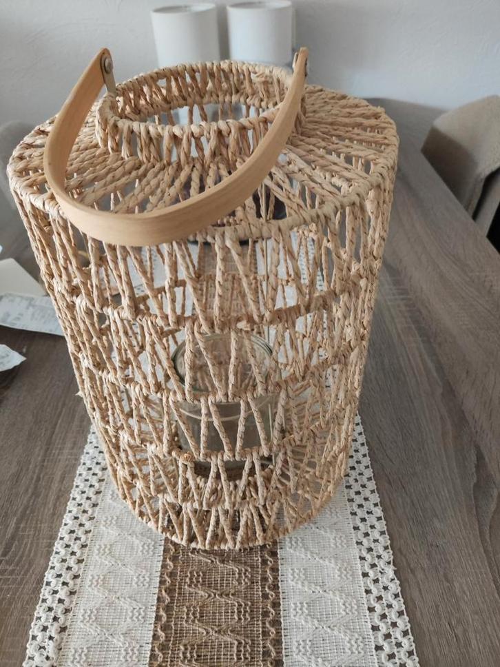 Groot windlicht van touw en bamboe, Huis en Inrichting, Woonaccessoires | Kandelaars en Kaarsen, Zo goed als nieuw, Kandelaar