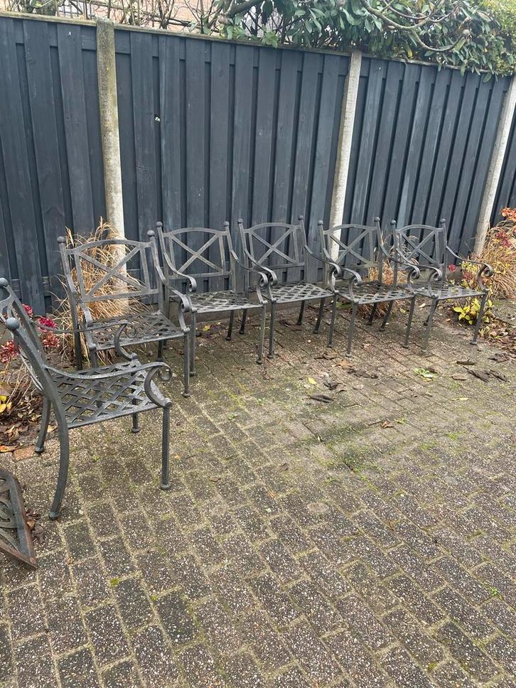 6 Gietijzeren Tuinstoelen + kussens, Tuin en Terras, Tuinstoelen, Gebruikt, Metaal, Ophalen
