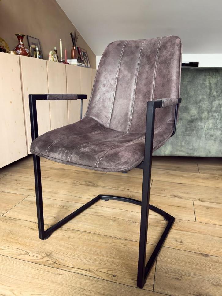 Eetkamerstoelen taupe/grijs (set van 4), Huis en Inrichting, Stoelen, Gebruikt, Vier, Metaal, Stof, Grijs, Ophalen