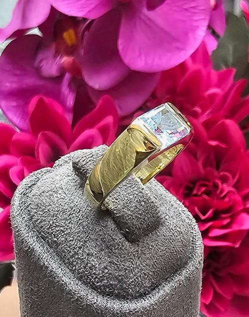 Prachtige 14k gouden ring met aquamarijn vierkant steen, Sieraden, Tassen en Uiterlijk, Ringen, Nieuw, Dame, 17 tot 18, Goud, Goud