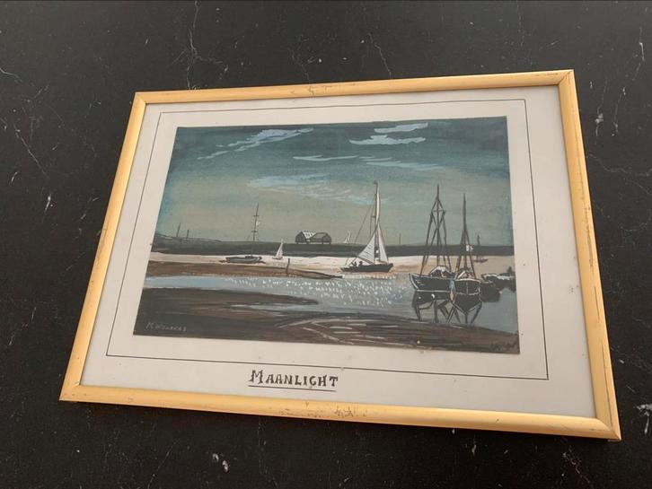 Pentekening maanlicht kleur 21 x 29 cm schilderij water boot, Antiek en Kunst, Kunst | Etsen en Gravures, Ophalen of Verzenden