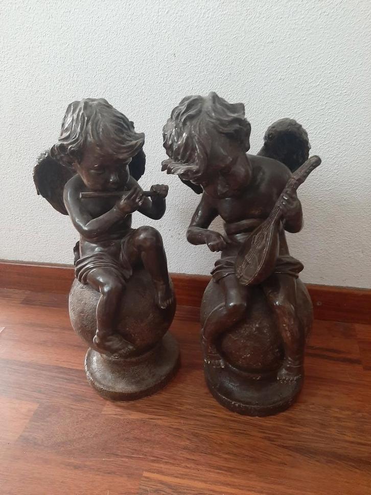 2 Houten Muziek Engelen - 30cm, Tuin en Terras, Tuinbeelden, Gebruikt, Engelenbeeld, Hout, Ophalen of Verzenden