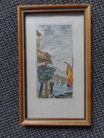 Ets in kleur, ingelijst 21x13 cm, gesigneerd en orig. rad, Verzenden