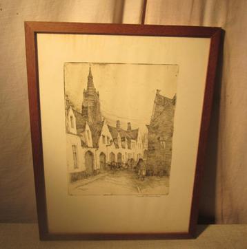 Mooie Oude Gravure 'In de Binnenstad' - Dousselaere beschikbaar voor biedingen