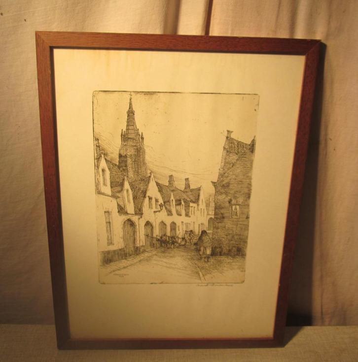 Mooie Oude Gravure 'In de Binnenstad' - Dousselaere, Antiek en Kunst, Kunst | Etsen en Gravures, Ophalen of Verzenden