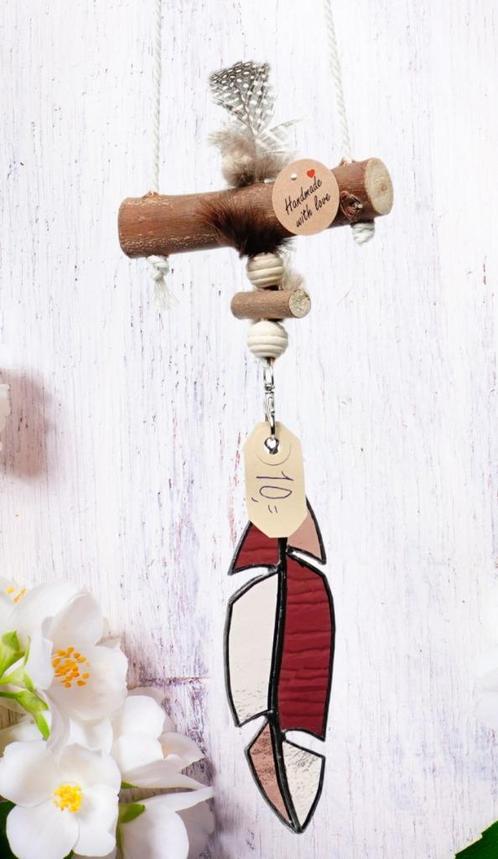 Heel mooi veertje van glas aan houten hanger lila of gele ti, Antiek en Kunst, Kunst | Overige Kunst, Ophalen of Verzenden