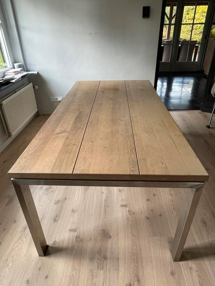 Eetkamertafel 200x100 cm Eikenhout met RVS, Huis en Inrichting, Tafels | Eettafels, Gebruikt, 50 tot 100 cm, 200 cm of meer, Rechthoekig