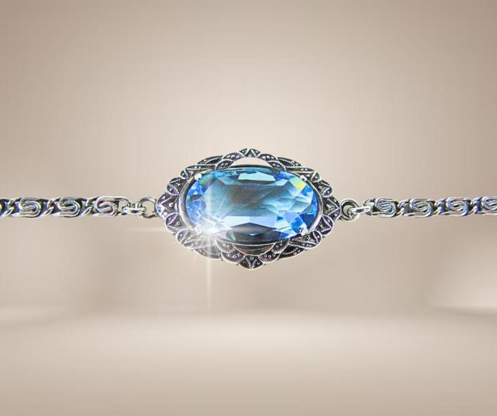 Unieke ART DECO zilveren armband topaasblauwe paste!, Sieraden, Tassen en Uiterlijk, Armbanden, Zo goed als nieuw, Zilver, Zilver