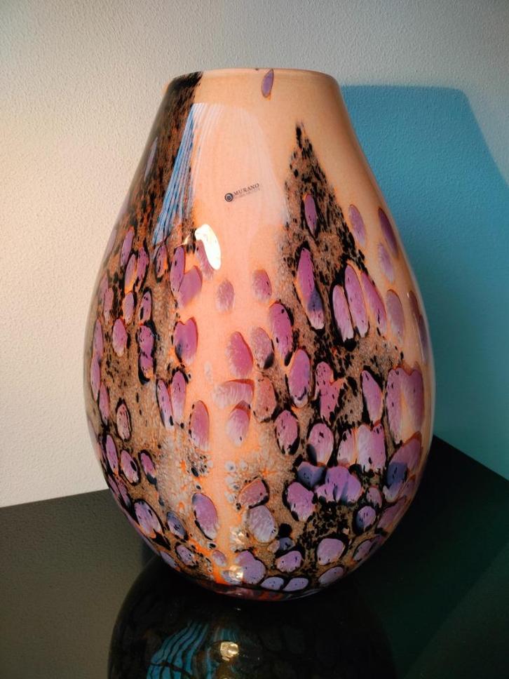 Italie Murano Vaas Zwaar Groot Zalmkleur Lila Zwart 1980, Antiek en Kunst, Antiek | Glas en Kristal, Ophalen of Verzenden
