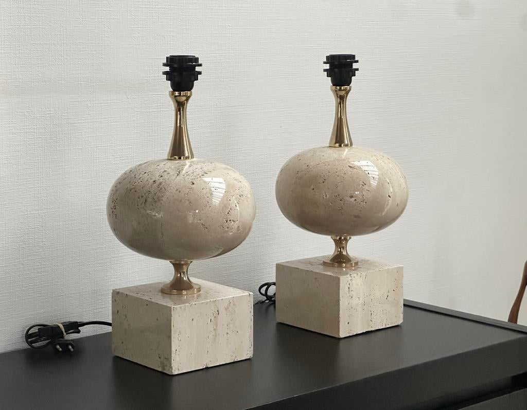 Vintage travertine tafellampen by Philippe Barbier, 1970’s, Ophalen of Verzenden, Minder dan 50 cm