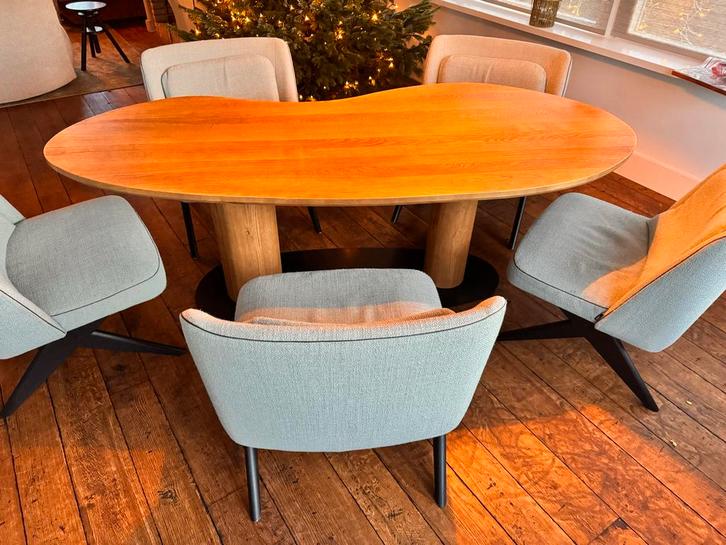 Low dining tafel met 5 stoelen, Huis en Inrichting, Stoelen, Vijf, Zes of meer stoelen, Stof, Bruin, Ophalen