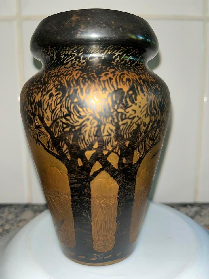 Koperen vaasje met Duitse (?) voorstelling, Antiek en Kunst, Kunst | Etsen en Gravures, Ophalen of Verzenden