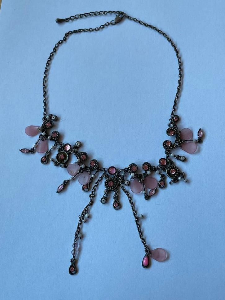 Vintage stijl ketting met roze strass, Sieraden, Tassen en Uiterlijk, Kettingen, Zo goed als nieuw, Overige materialen, Roze, Met kristal
