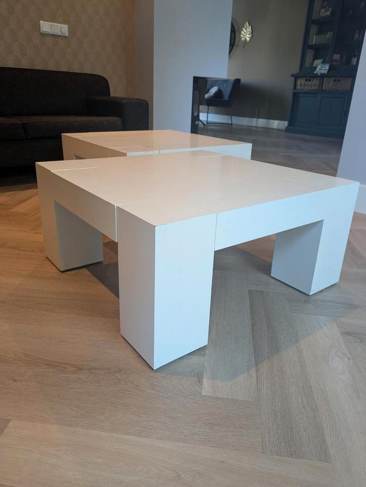 Set van 2 witte, robuuste eiken salontafels, Huis en Inrichting, Tafels | Bijzettafels, Zo goed als nieuw, Rond, Ophalen of Verzenden