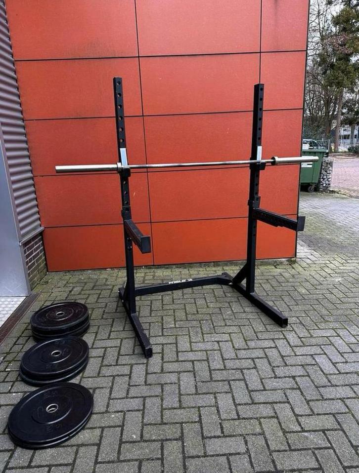 Squatrek / Bankdruk rek , Halterstang + 70kg Bumperplates, Sport en Fitness, Fitnessmaterialen, Gebruikt, Overige typen, Ophalen