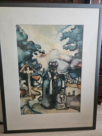 Schilderij: Priester met kind, ingelijst beschikbaar voor biedingen