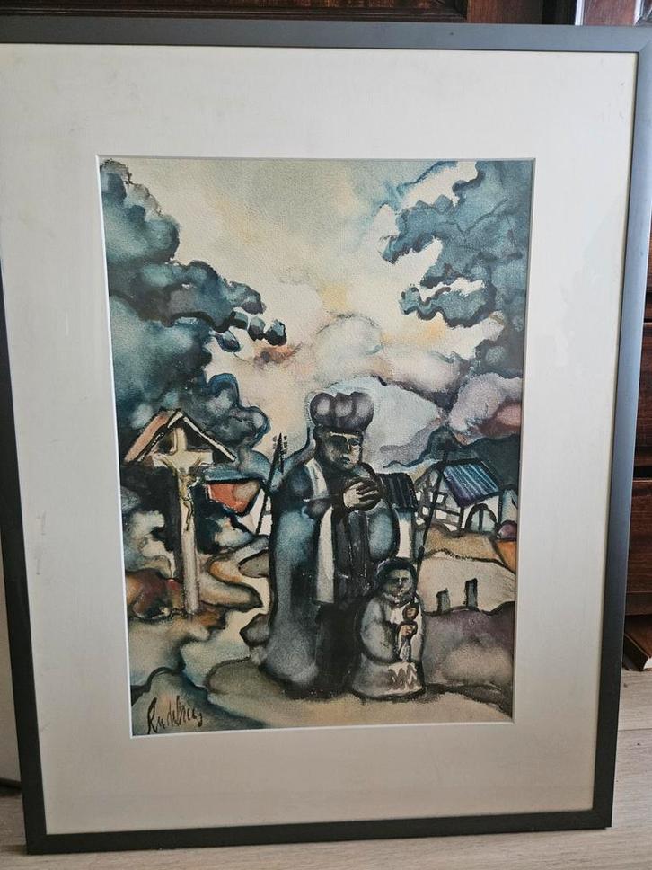 Schilderij: Priester met kind, ingelijst, Antiek en Kunst, Kunst | Schilderijen | Klassiek, Ophalen of Verzenden