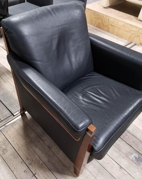 Fauteuil, zwart leer/hout, bankstel 3 per. o.v. geres., Huis en Inrichting, Banken | Bankstellen, Gebruikt, Driepersoons, 200 tot 250 cm