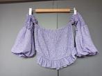 Off shoulder top in lila met witte stippen,mt XS, Paars, Ophalen of Verzenden, Zo goed als nieuw, Korte mouw