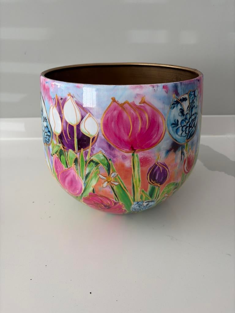 Intratuin bloempot met tulpen, gouden binnenzijde, Ophalen of Verzenden, Gebruikt, Overige materialen
