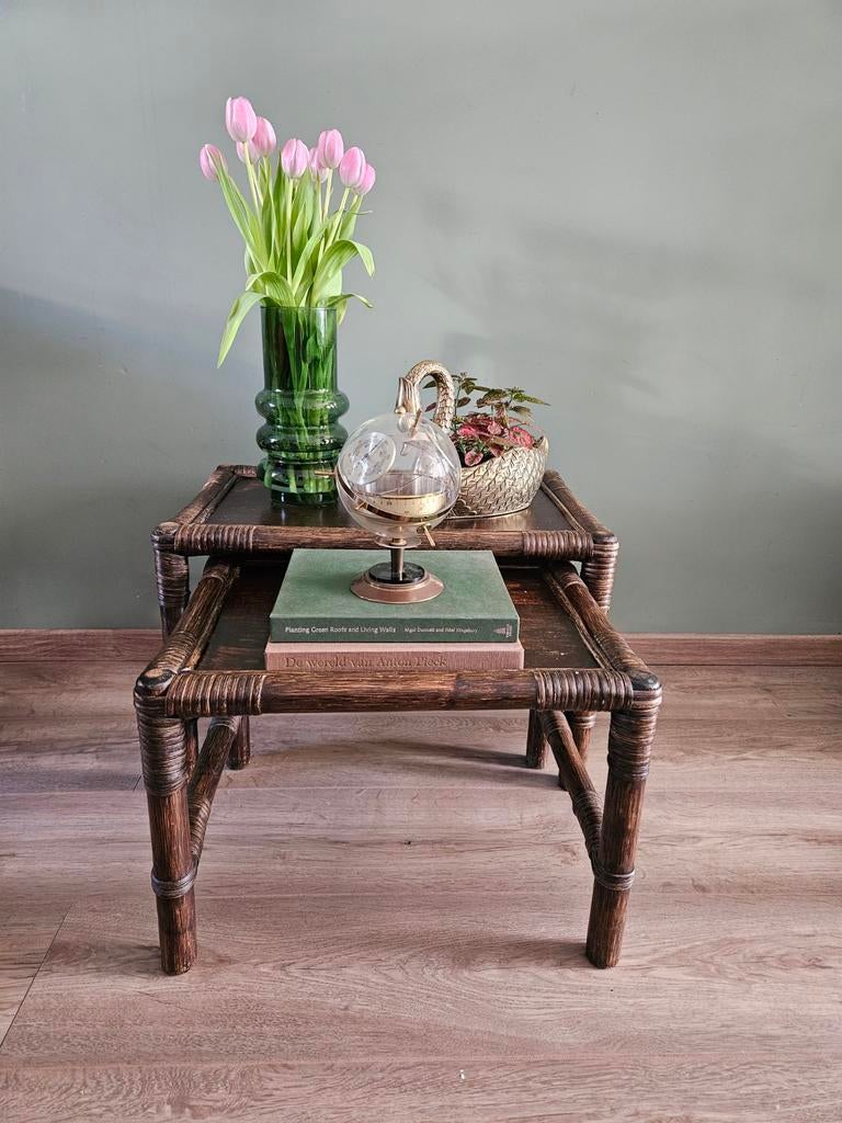 Vintage bamboe / rotan / manou bijzettafels set van 2, Ophalen