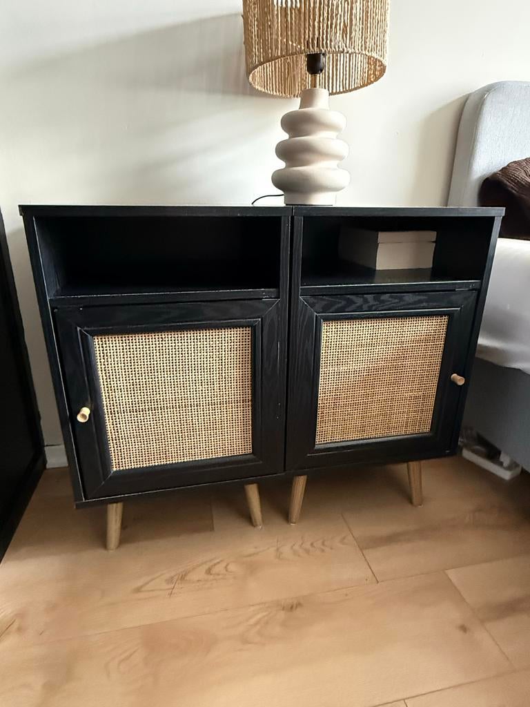 Set van 2 zwarte rotan nachtkastjes, Huis en Inrichting, Ophalen, Gebruikt, Minder dan 45 cm, 55 tot 70 cm