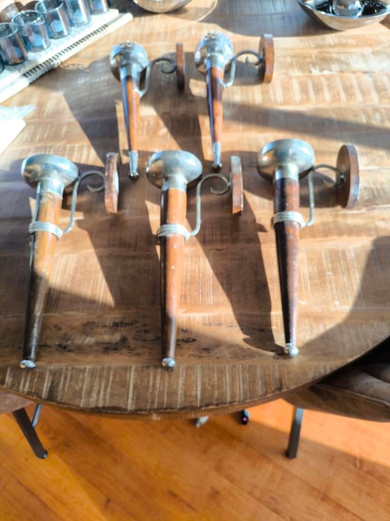 Muur kandelaars. Hout met koper beslag. 5 stuks, Antiek en Kunst, Ophalen of Verzenden