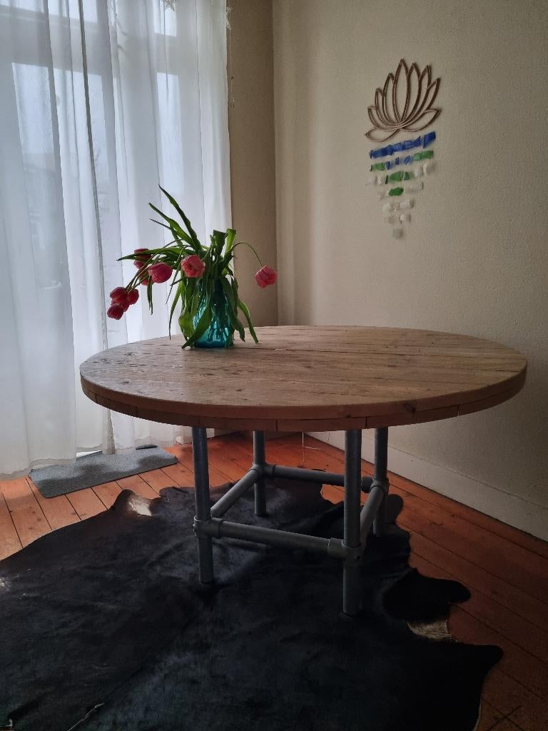 Steigerhouten ronde eettafel 140cm diameter, Ophalen, Gebruikt, Rond, Stoer/landelijk