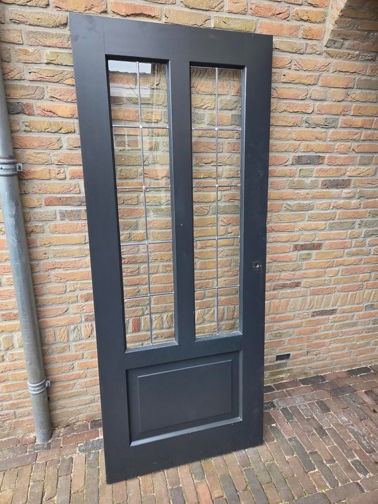 Binnendeur hardhout, met glas in lood, Doe-het-zelf en Verbouw, Deuren en Horren, Ophalen, Gebruikt, 80 tot 100 cm, Buitendeur