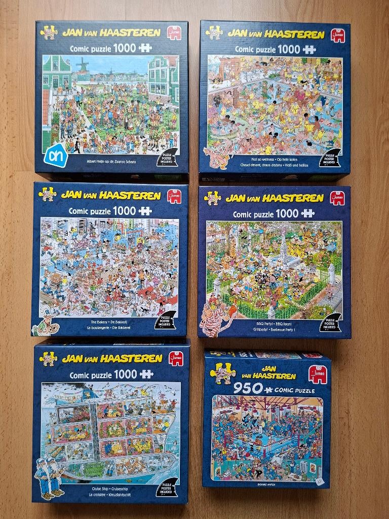 6 puzzels Jan van Haasteren, Ophalen of Verzenden, 500 t/m 1500 stukjes, Zo goed als nieuw, Legpuzzel