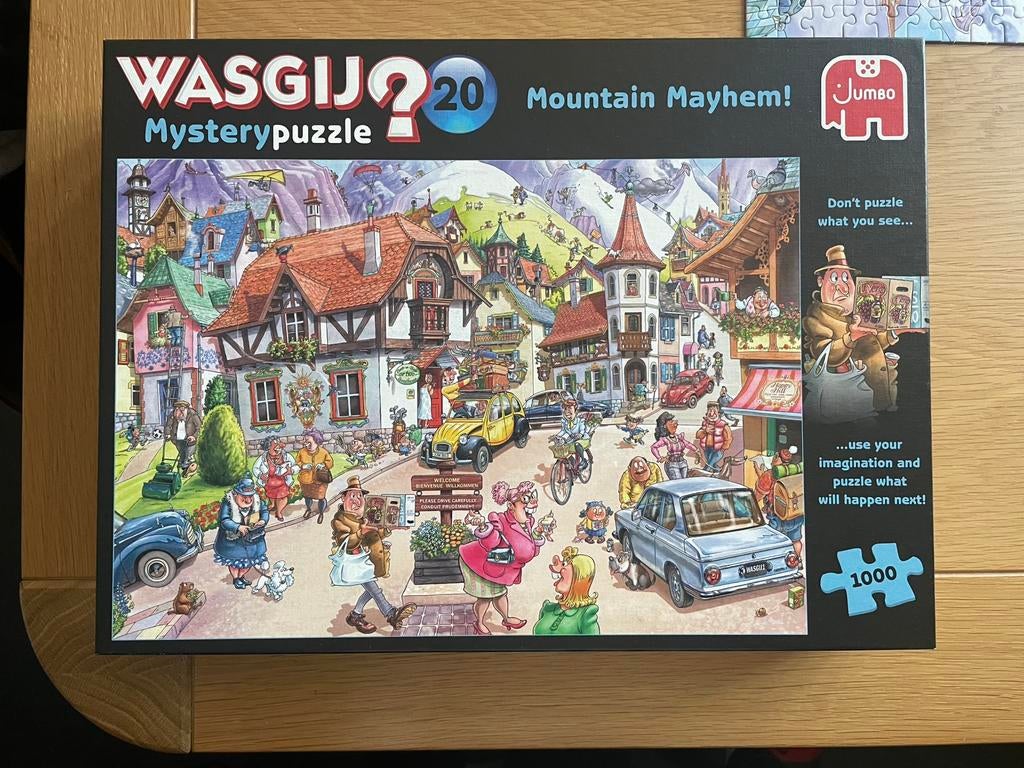 Wasgij puzzel mystery nr 20 mountain mayhem 1000 stukjes, Ophalen of Verzenden, 500 t/m 1500 stukjes, Zo goed als nieuw, Legpuzzel