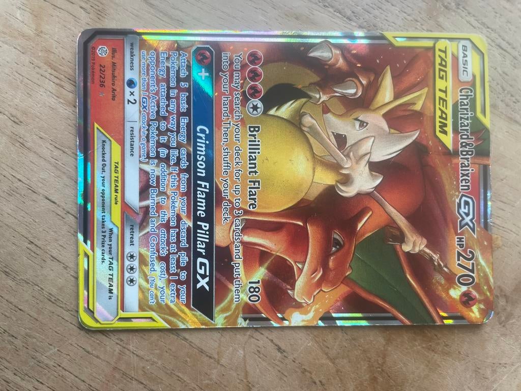 Pokémon Tag Team Charizard & Braixen GX 2019, Ophalen of Verzenden, Gebruikt, Losse kaart, Foil