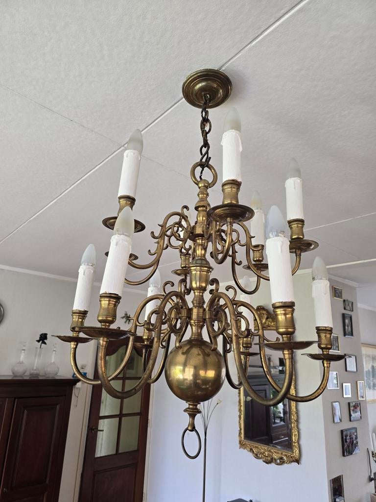 Koperen kroonluchter met 12 armen, Huis en Inrichting, Lampen | Kroonluchters, Ophalen, Gebruikt