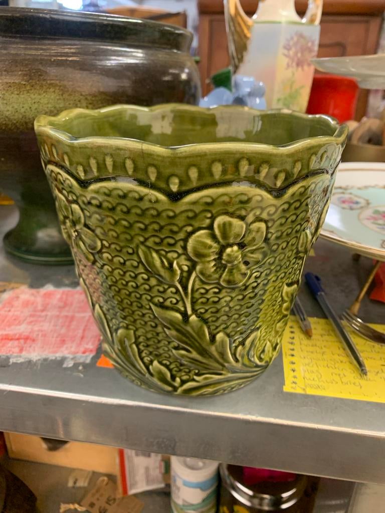 Wessel Bonn groene bloempot met bloemen decor, Gebruikt, Rond, Ophalen of Verzenden, Nvt