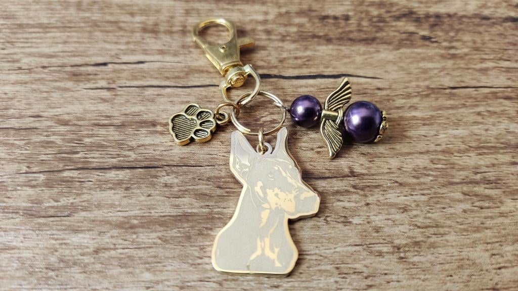 Sleutelhanger Dobermann RVS gold met beschermengeltje, Dieren en Toebehoren, Verzenden, Nieuw