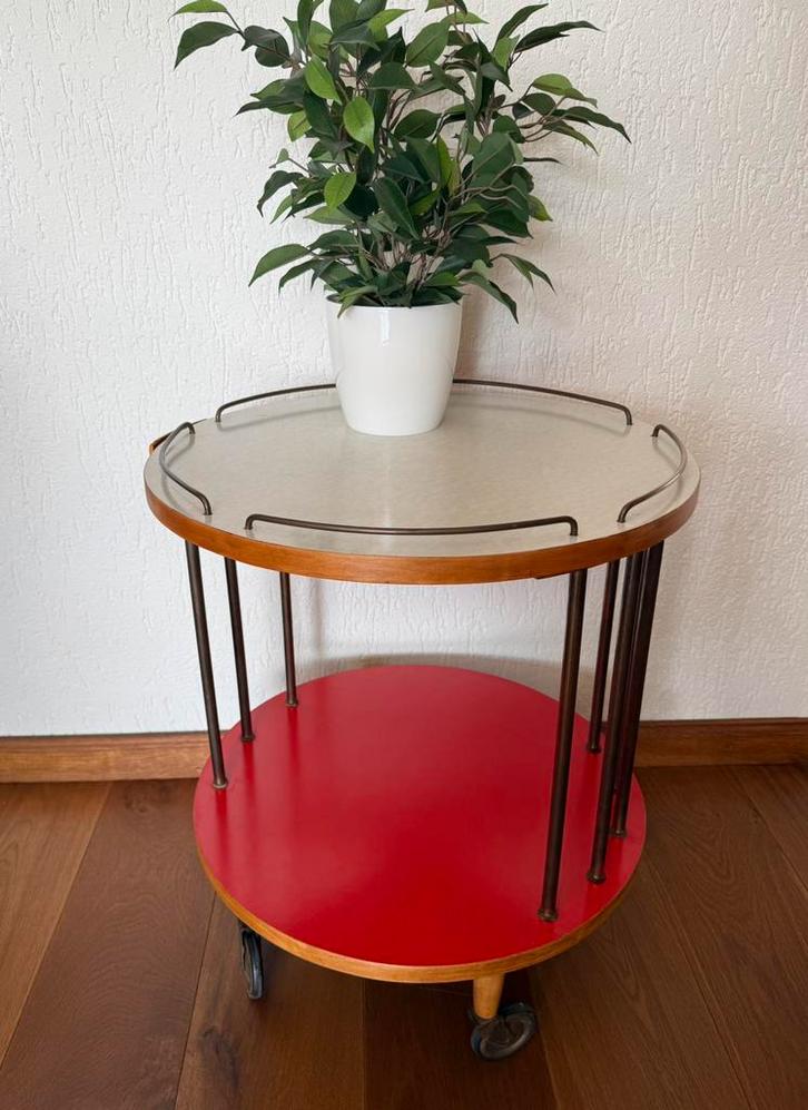 Vintage barwagen serveertrolley bijzettafel jaren 50 - 60, Huis en Inrichting, Tafels | Bijzettafels, Gebruikt, Rond, 45 tot 60 cm