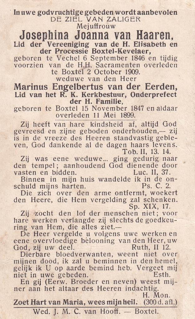 Haaren Josephina  1846 Veghel 1909 Boxtel, Ophalen, Bidprentje