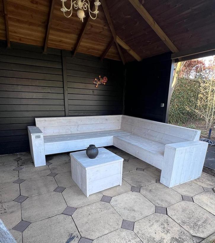 Witte steigerhouten loungeset met salontafel, Tuin en Terras, Tuinsets en Loungesets, Gebruikt, Loungeset, Steigerhout, 5 zitplaatsen