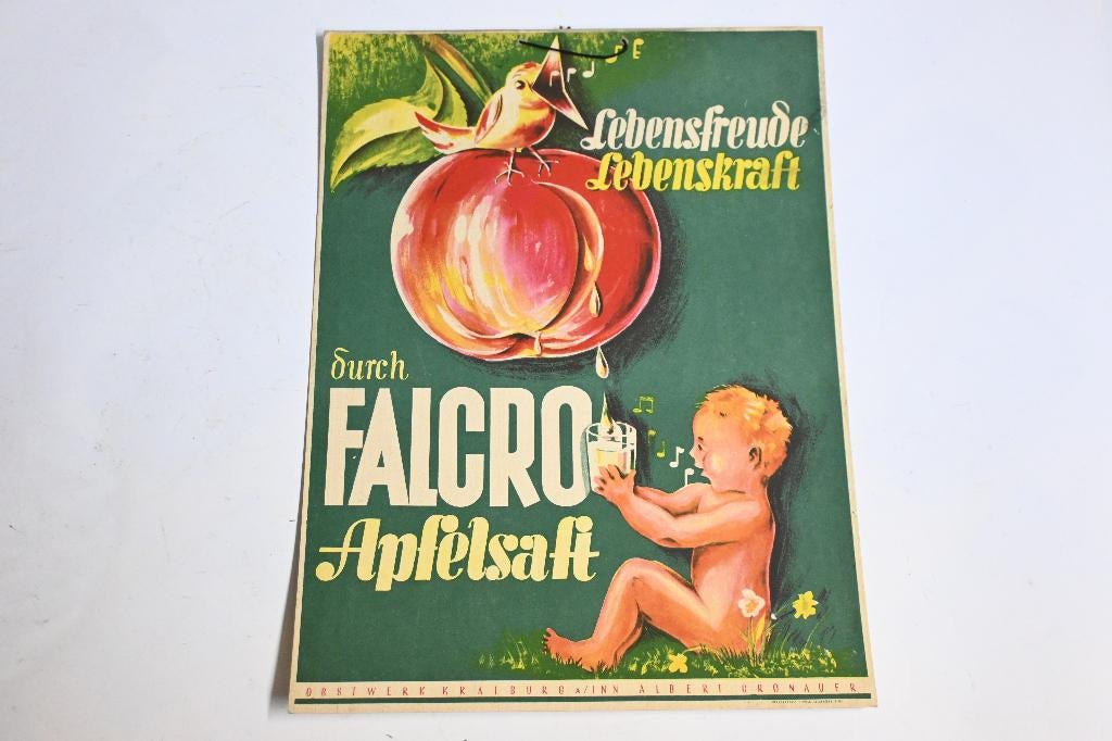 lebensfreude ca 1930 reclamebord falcro appelsap drank duits, Ophalen of Verzenden, Gebruikt, Reclamebord