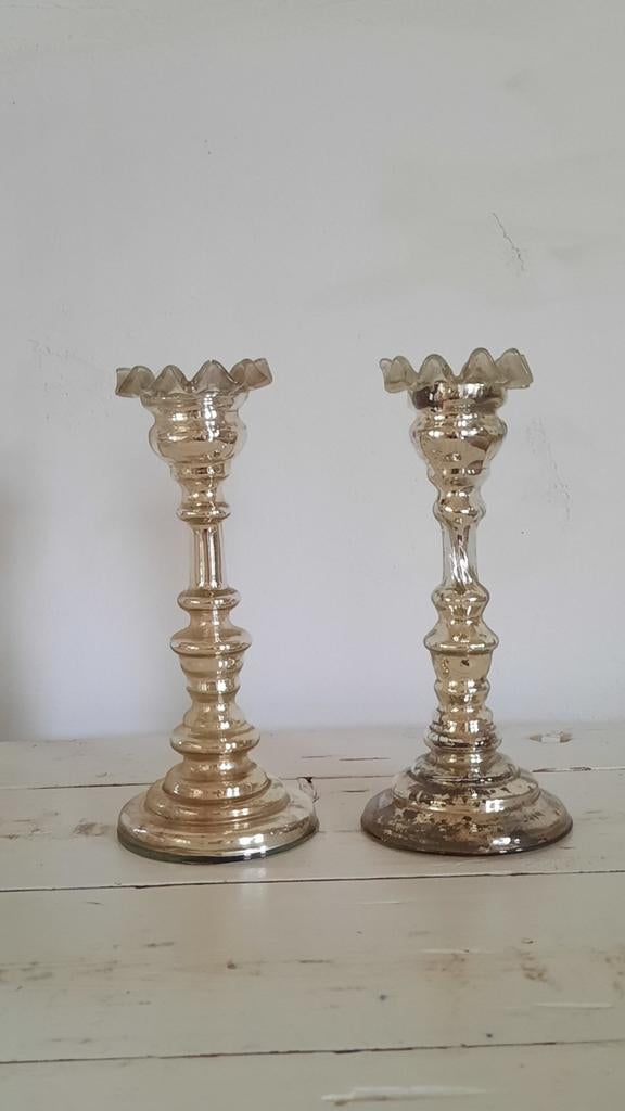 Set Boerenzilver glas kandelaars (nuzzelspul), Antiek en Kunst, Antiek | Kandelaars, Ophalen of Verzenden, Koper of Brons