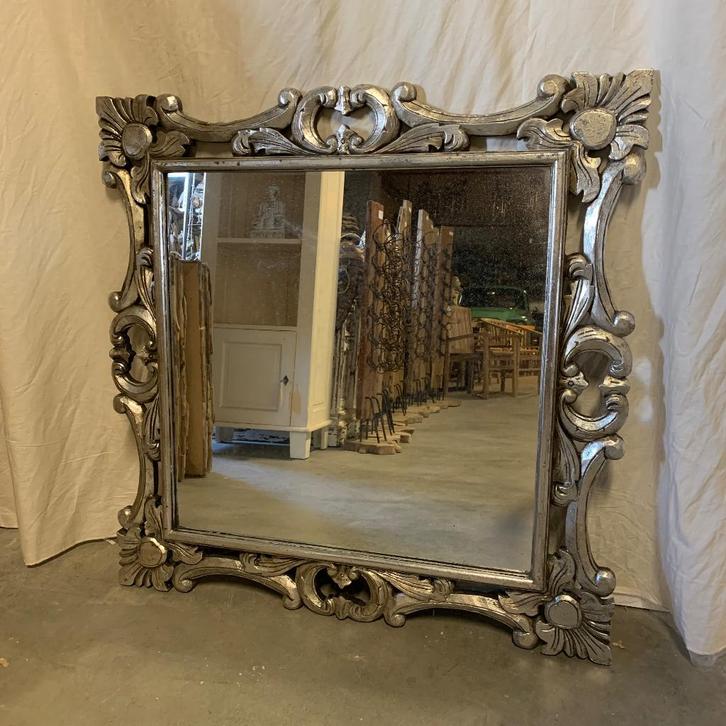 Barok Spiegel -houten lijst - zilver- 100 x 100 cm-TTM Wonen, Huis en Inrichting, Woonaccessoires | Spiegels, Nieuw, 100 tot 125 cm