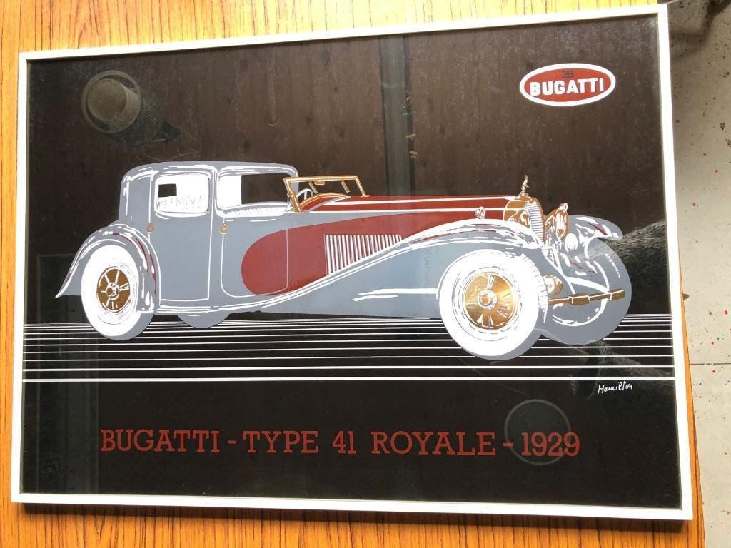 34) Jaren 80 zeefdruk van een Bugatti door James Hamilton., Ophalen